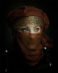 brown sheer veil covering all but eyes
