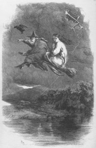 witch on broom stick with woman on back